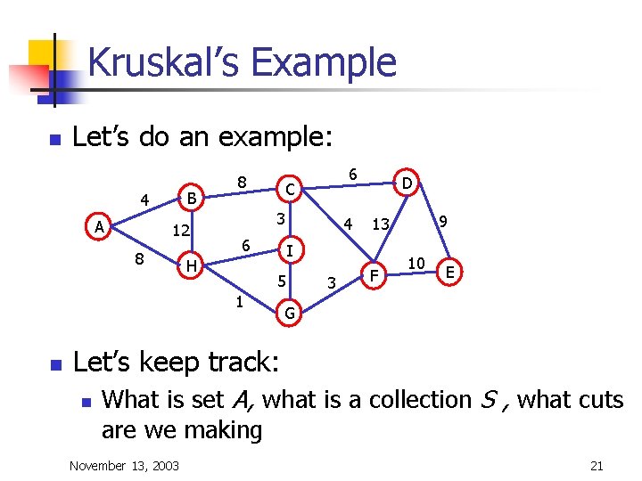 Kruskal’s Example n Let’s do an example: B 4 A 12 8 8 C