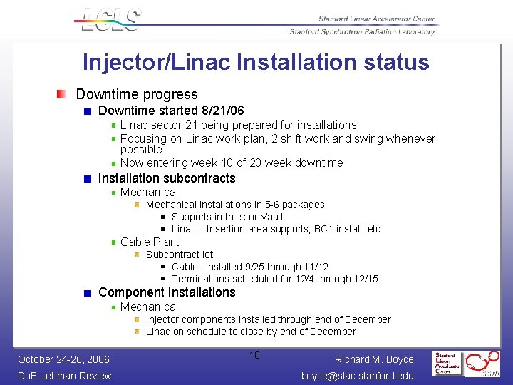 Injector/Linac Installation status Downtime progress Downtime started 8/21/06 Linac sector 21 being prepared for