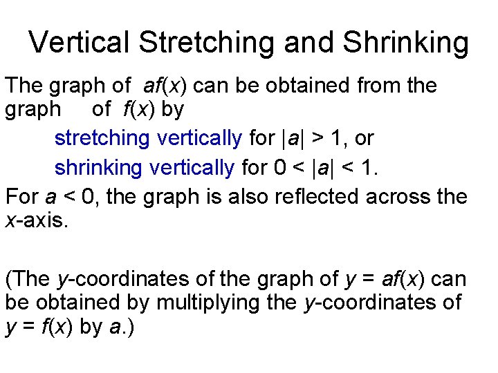 Vertical Stretching and Shrinking The graph of af(x) can be obtained from the graph Vertical Stretching and Shrinking The graph of af(x) can be obtained from the graph