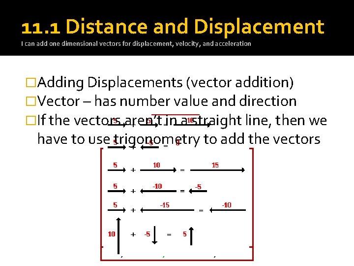 11. 1 Distance and Displacement I can add one dimensional vectors for displacement, velocity,