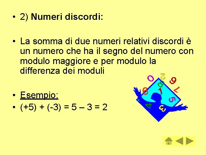  • 2) Numeri discordi: • La somma di due numeri relativi discordi è