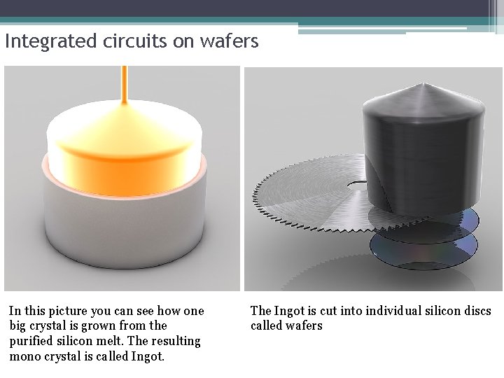 Integrated circuits on wafers In this picture you can see how one big crystal