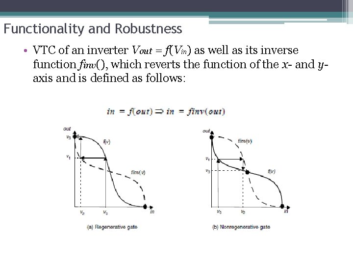 Functionality and Robustness • VTC of an inverter Vout = f(Vin) as well as