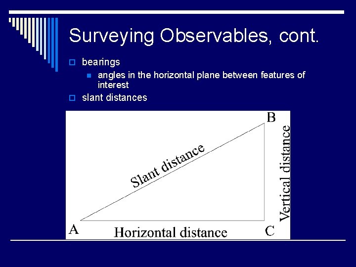 Surveying Observables, cont. o bearings n angles in the horizontal plane between features of