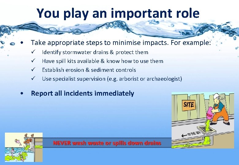 You play an important role • Take appropriate steps to minimise impacts. For example: