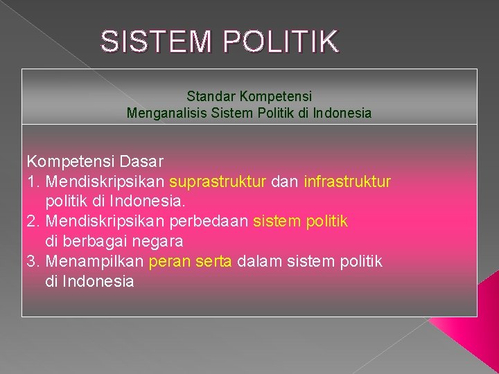 SISTEM POLITIK Standar Kompetensi Menganalisis Sistem Politik di Indonesia Kompetensi Dasar 1. Mendiskripsikan suprastruktur