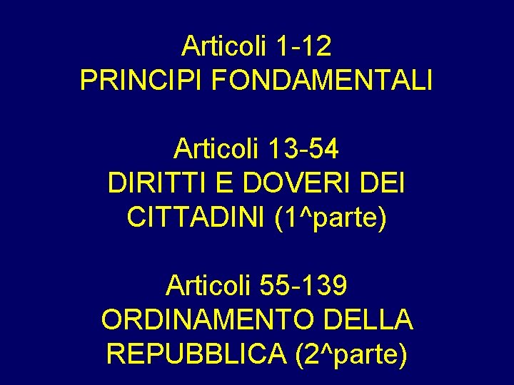 Articoli 1 -12 PRINCIPI FONDAMENTALI Articoli 13 -54 DIRITTI E DOVERI DEI CITTADINI (1^parte)