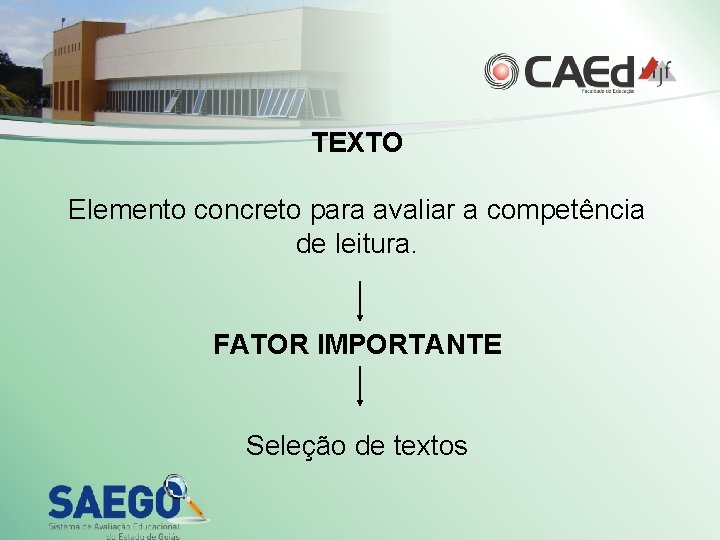TEXTO Elemento concreto para avaliar a competência de leitura. FATOR IMPORTANTE Seleção de textos