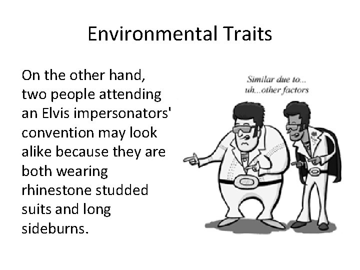 Environmental Traits On the other hand, two people attending an Elvis impersonators' convention may