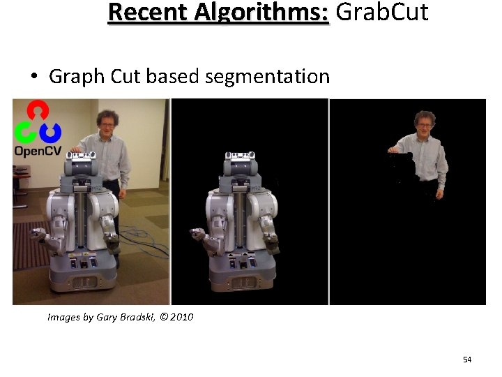 Recent Algorithms: Grab. Cut Algorithms: • Graph Cut based segmentation Images by Gary Bradski,