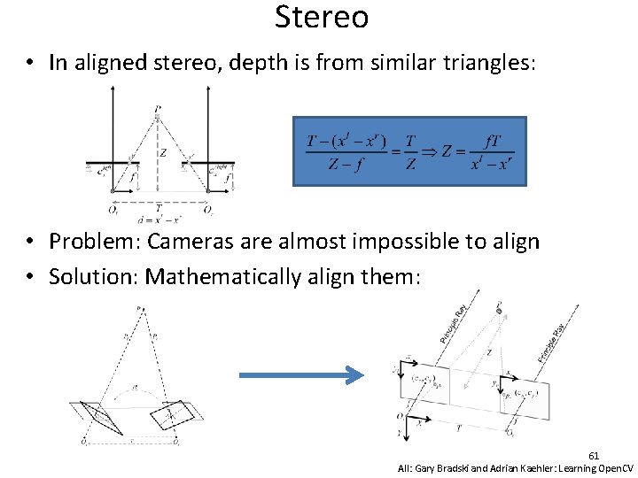 Stereo • In aligned stereo, depth is from similar triangles: • Problem: Cameras are