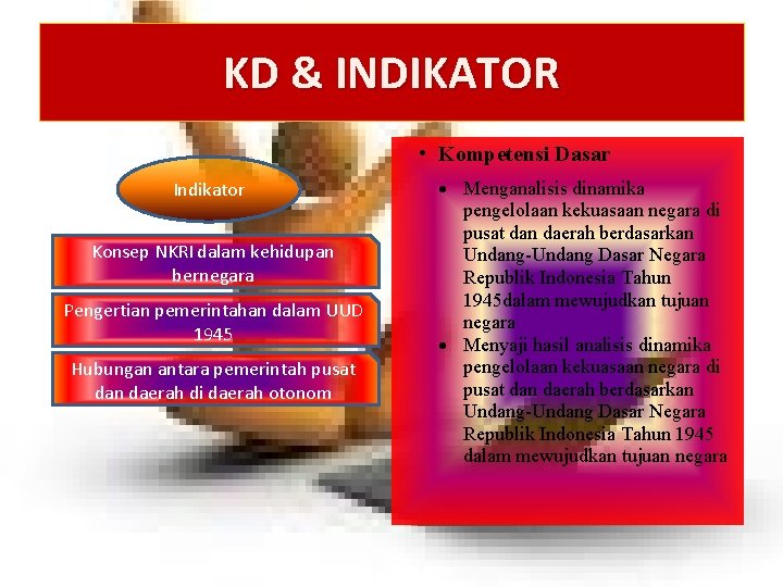 KD & INDIKATOR • Kompetensi Dasar Indikator Konsep NKRI dalam kehidupan bernegara Pengertian pemerintahan