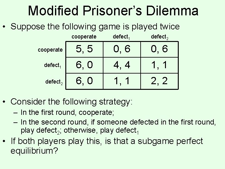 Modified Prisoner’s Dilemma • Suppose the following game is played twice cooperate defect 1