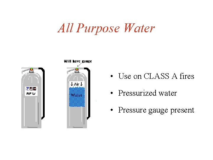 All Purpose Water • Use on CLASS A fires • Pressurized water • Pressure