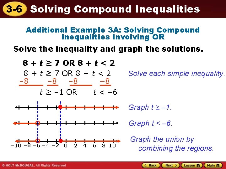 3 -6 Solving Compound Inequalities Additional Example 3 A: Solving Compound Inequalities Involving OR