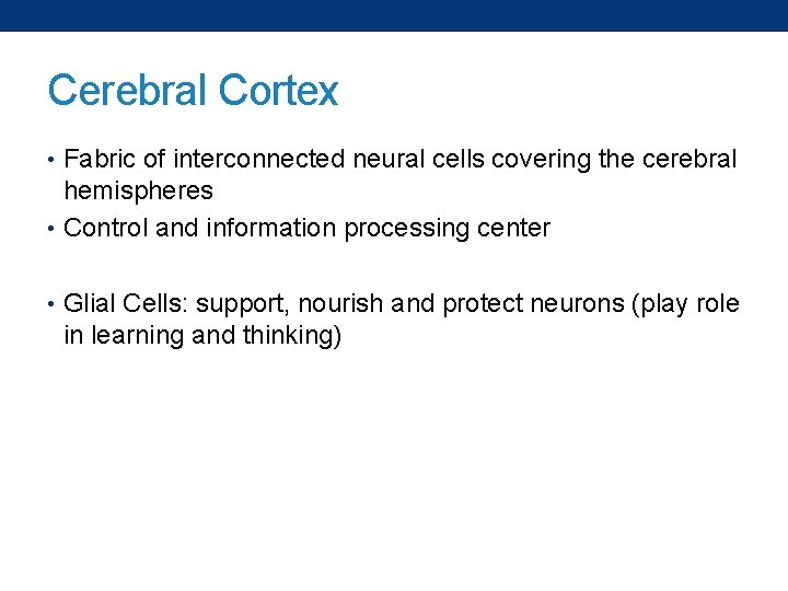 Cerebral Cortex • Fabric of interconnected neural cells covering the cerebral hemispheres • Control