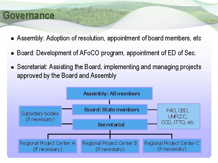 Governance Assembly: Adoption of resolution, appointment of board members, etc Board: Development of AFo.