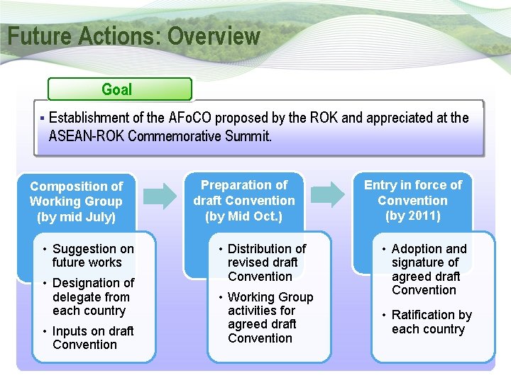 Future Actions: Overview Goal § Establishment of the AFo. CO proposed by the ROK