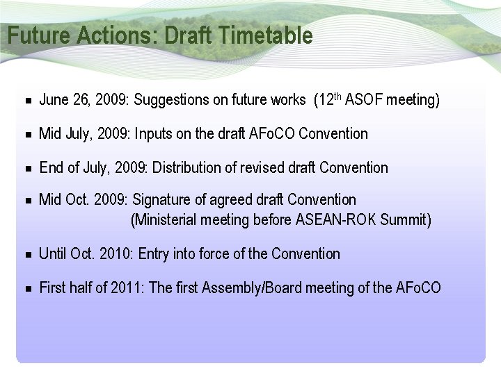 Future Actions: Draft Timetable June 26, 2009: Suggestions on future works (12 th ASOF