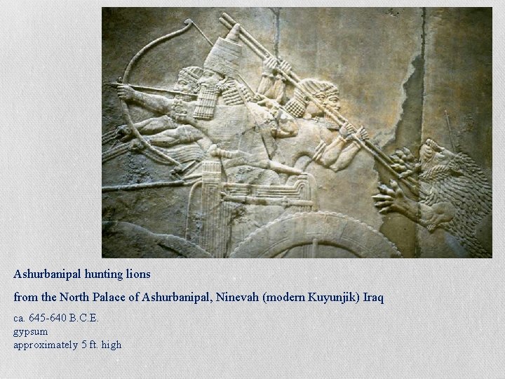 Ashurbanipal hunting lions from the North Palace of Ashurbanipal, Ninevah (modern Kuyunjik) Iraq ca.