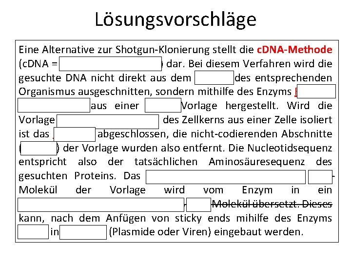 Lösungsvorschläge Eine Alternative zur Shotgun-Klonierung stellt die c. DNA-Methode (c. DNA = complementary DNA)