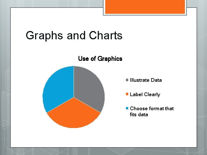 Graphs and Charts Use of Graphics Illustrate Data Label Clearly Choose format that fits