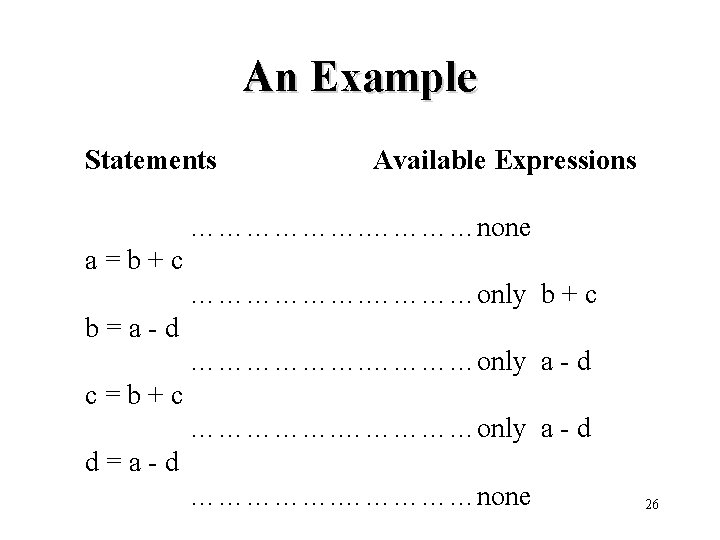 An Example Statements Available Expressions ………………none a=b+c ………………only b + c b=a-d ………………only a