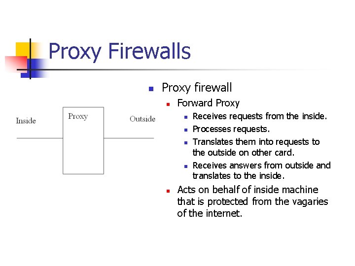 Proxy Firewalls n Proxy firewall n Forward Proxy n n n Receives requests from
