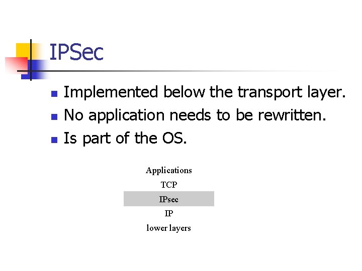 IPSec n n n Implemented below the transport layer. No application needs to be