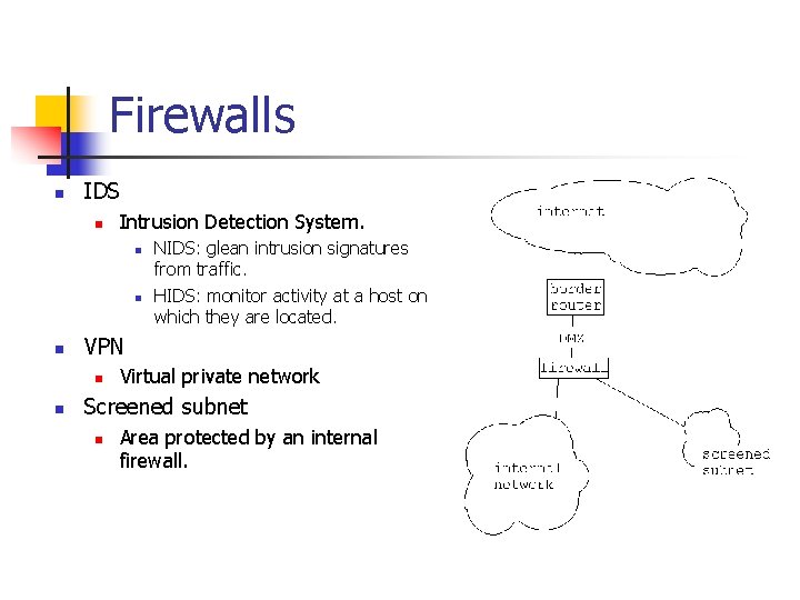 Firewalls n IDS n Intrusion Detection System. n n n VPN n n NIDS: