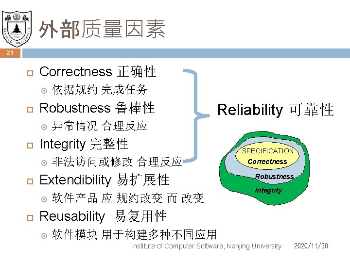 外部质量因素 21 Correctness 正确性 Robustness 鲁棒性 异常情况 合理反应 SPECIFICATION 非法访问或修改 合理反应 Extendibility 易扩展性 Reliability