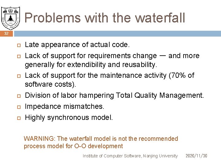 Problems with the waterfall 32 Late appearance of actual code. Lack of support for
