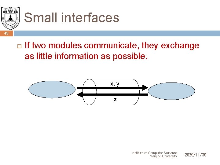 Small interfaces 45 If two modules communicate, they exchange as little information as possible.