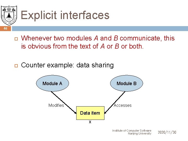 Explicit interfaces 46 Whenever two modules A and B communicate, this is obvious from