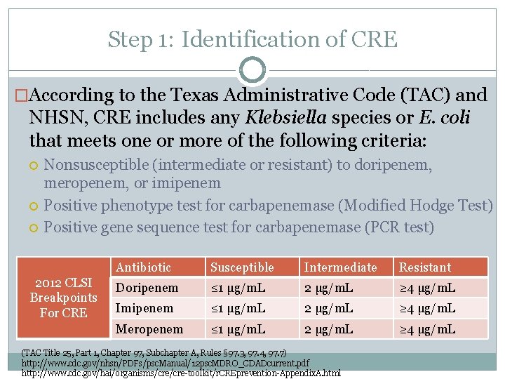 Step 1: Identification of CRE �According to the Texas Administrative Code (TAC) and NHSN,