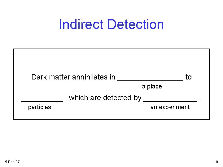 Indirect Detection Dark matter annihilates in ________ to a place _____ , which are Indirect Detection Dark matter annihilates in ________ to a place _____ , which are