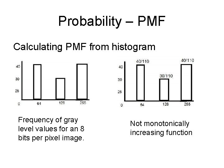 Probability – PMF Calculating PMF from histogram Frequency of gray level values for an Probability – PMF Calculating PMF from histogram Frequency of gray level values for an