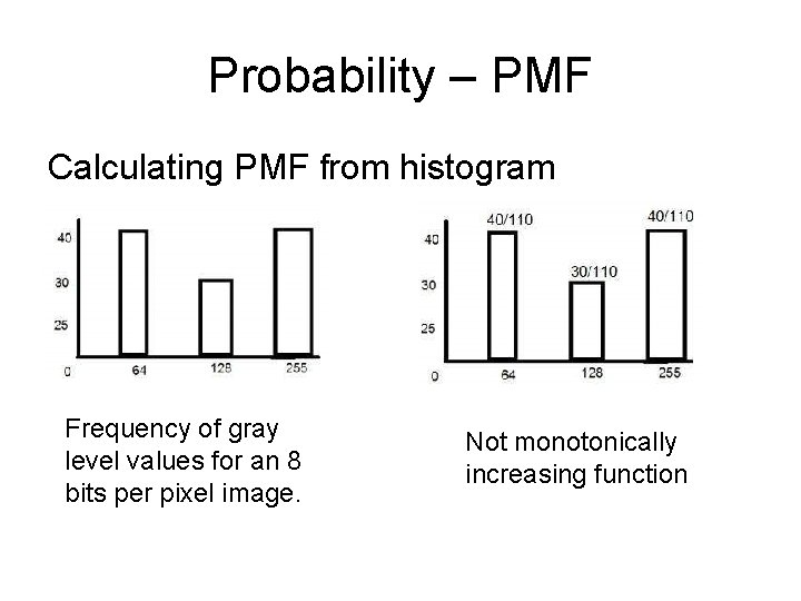 Probability – PMF Calculating PMF from histogram Frequency of gray level values for an