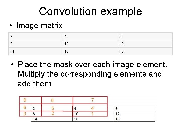 Convolution example • Image matrix • Place the mask over each image element. Multiply