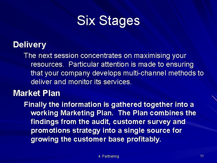 Six Stages Delivery The next session concentrates on maximising your resources. Particular attention is