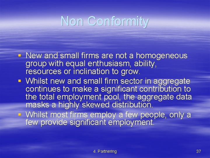 Non Conformity § New and small firms are not a homogeneous group with equal