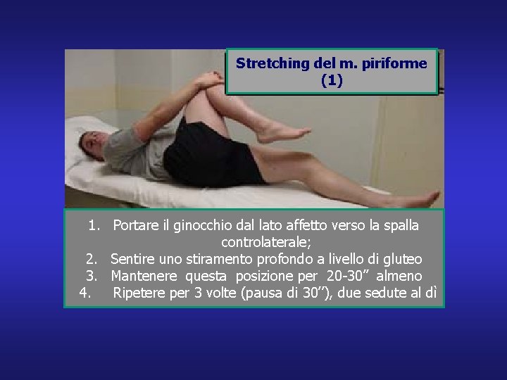 Stretching del m. piriforme (1) 1. Portare il ginocchio dal lato affetto verso la