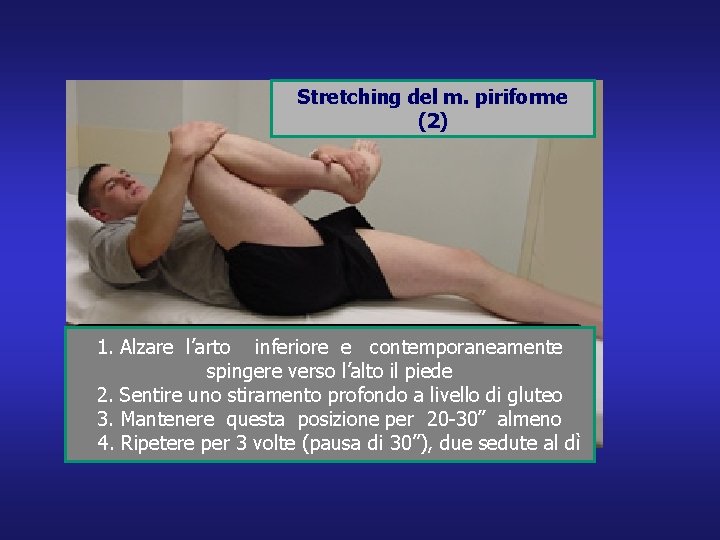 Stretching del m. piriforme (2) 1. Alzare l’arto inferiore e contemporaneamente spingere verso l’alto