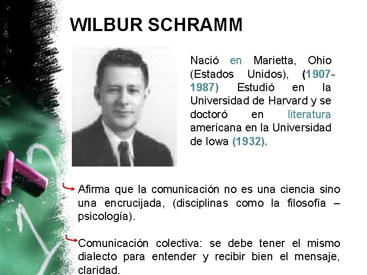 WILBUR SCHRAMM Nació en Marietta, Ohio (Estados Unidos), (19071987) Estudió en la Universidad de