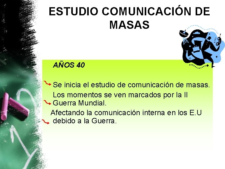 ESTUDIO COMUNICACIÓN DE MASAS AÑOS 40 Se inicia el estudio de comunicación de masas.