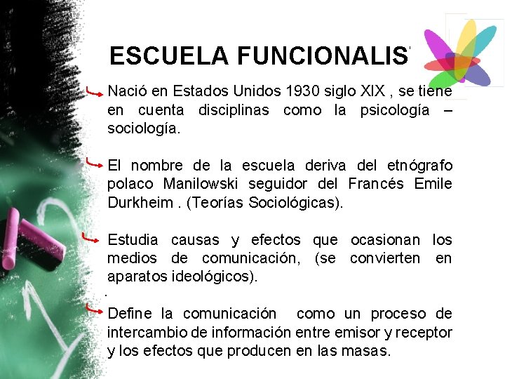 ESCUELA FUNCIONALISTA Nació en Estados Unidos 1930 siglo XIX , se tiene en cuenta