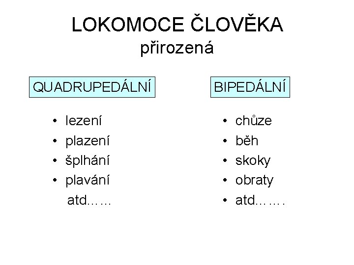 LOKOMOCE ČLOVĚKA přirozená QUADRUPEDÁLNÍ • • lezení plazení šplhání plavání atd…. . . BIPEDÁLNÍ