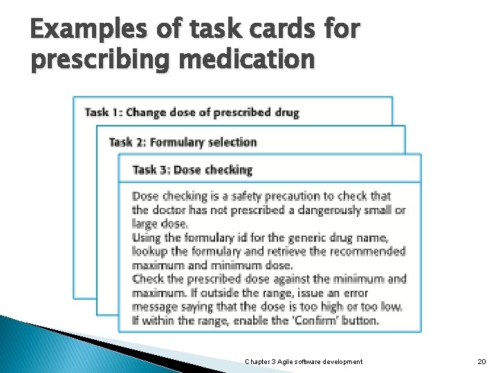 Examples of task cards for prescribing medication Chapter 3 Agile software development 20 