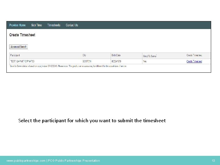 Select the participant for which you want to submit the timesheet www. publicpartnerships. com