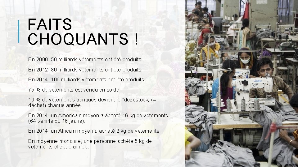 FAITS CHOQUANTS ! En 2000, 50 milliards vêtements ont été produits. En 2012, 80